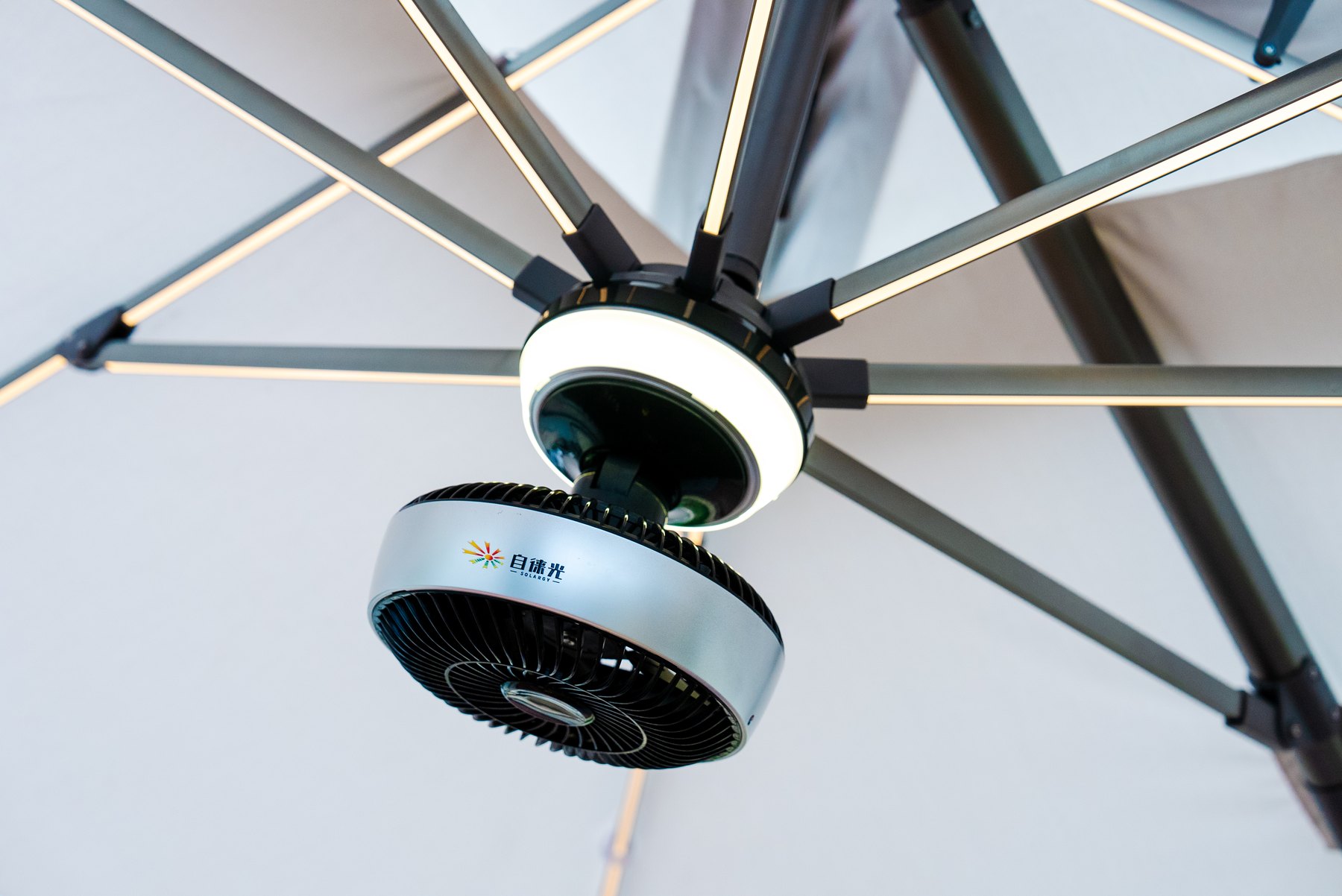 Solar umbrella LED lighting and cooling fan using stored battery power