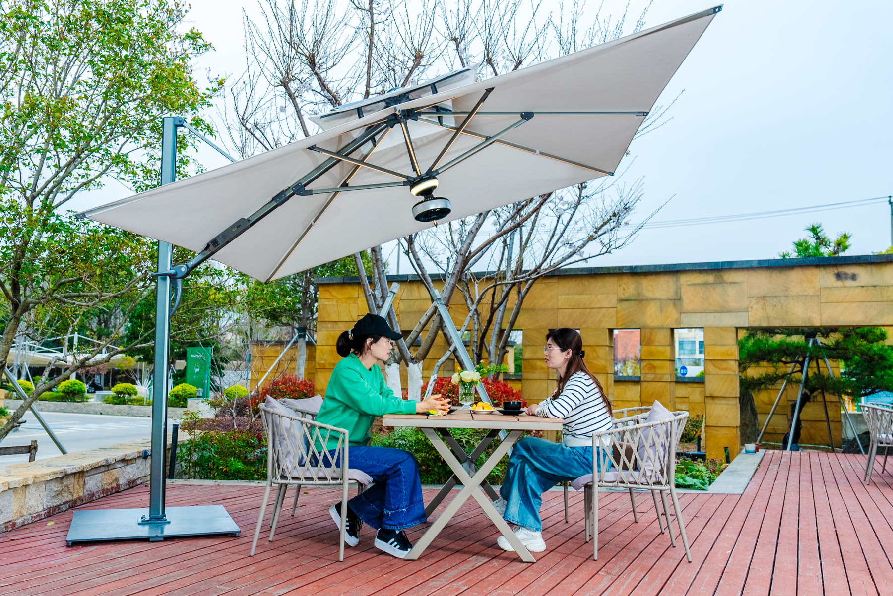 Solar umbrella used in an outdoor hospitality setting