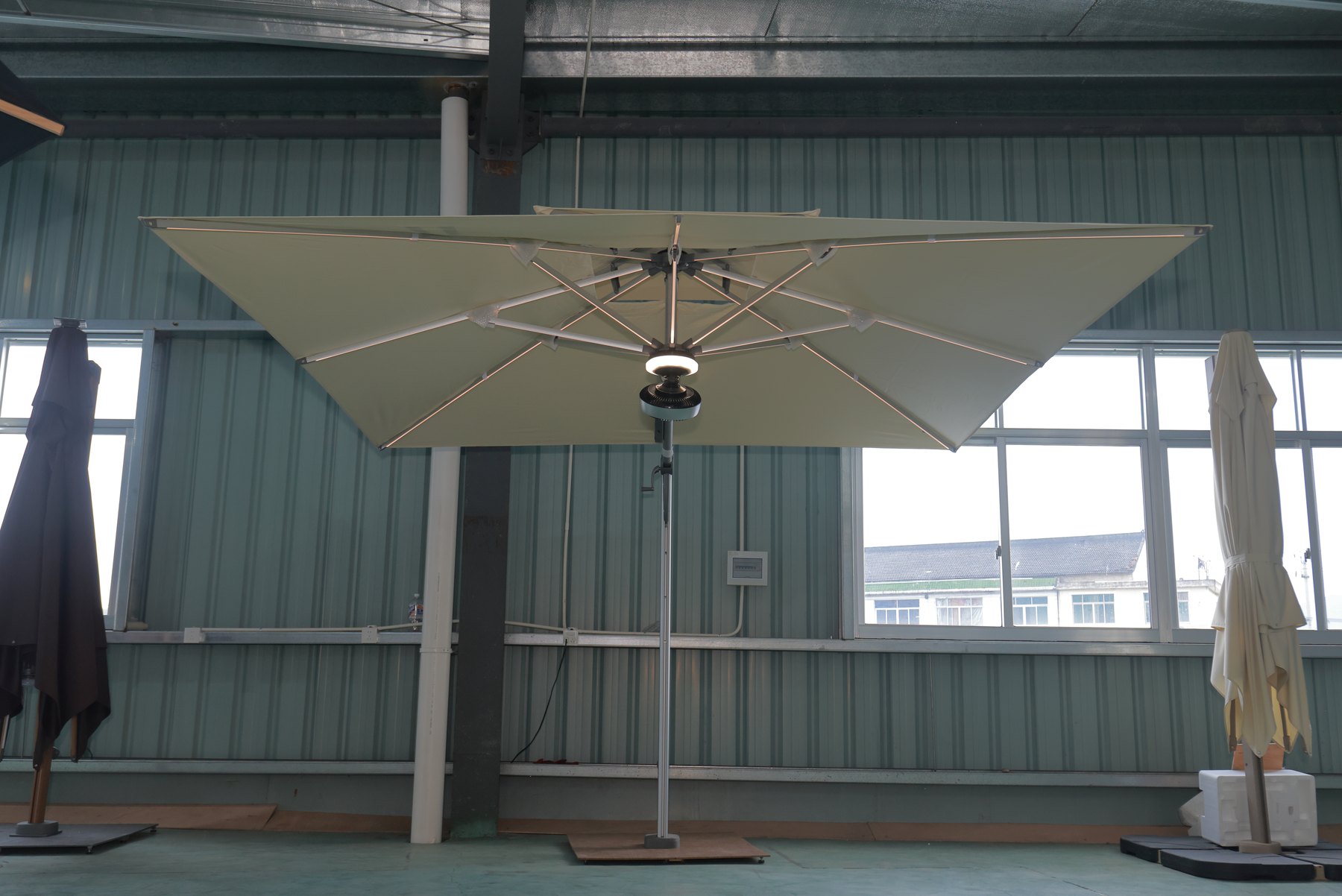 Finished Solargy smart solar umbrella undergoing fan and LED function testing