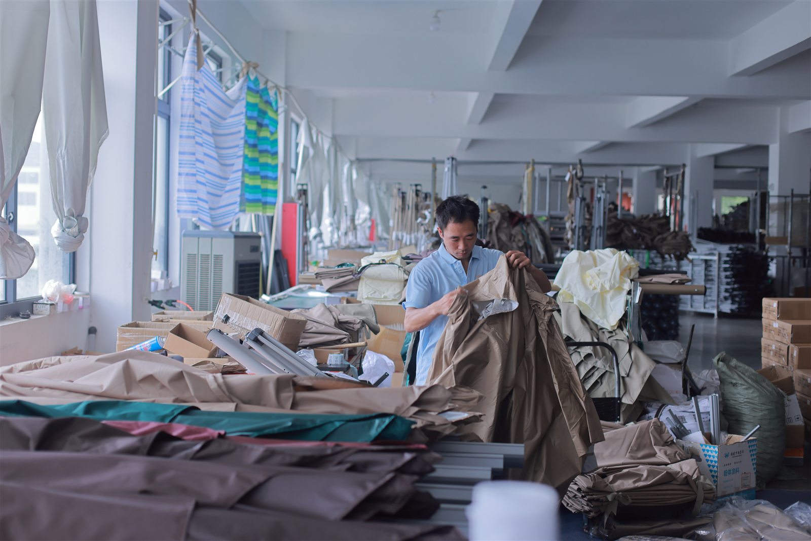 Fabric and canopy materials prepared for production.