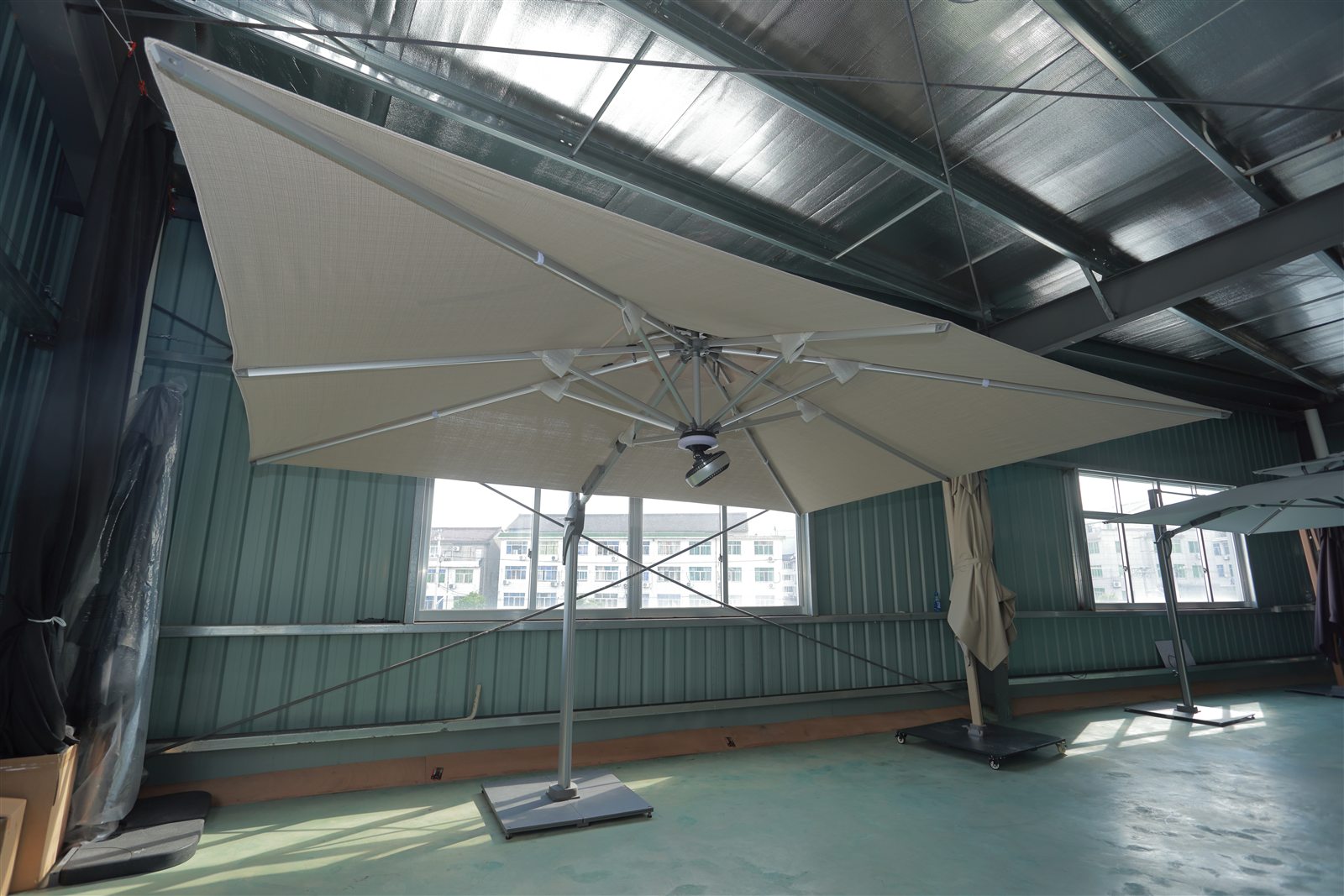 Finished umbrella opened for visual and structural inspection.