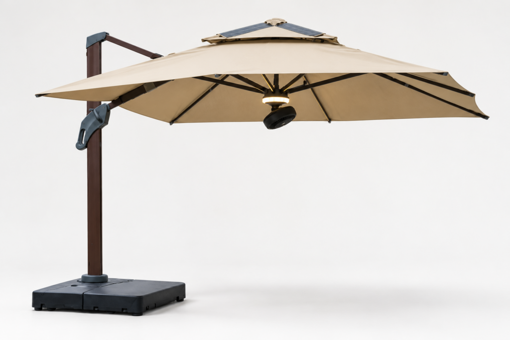 Cantilever smart solar umbrella with roof-mounted photovoltaic panels, LED light and cooling fan